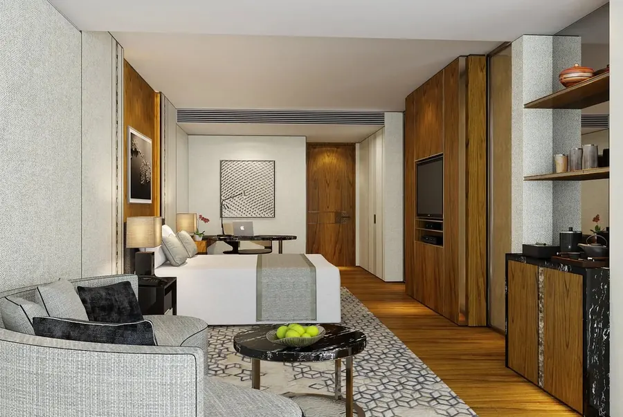 Hotel suite living area with custom furnishings